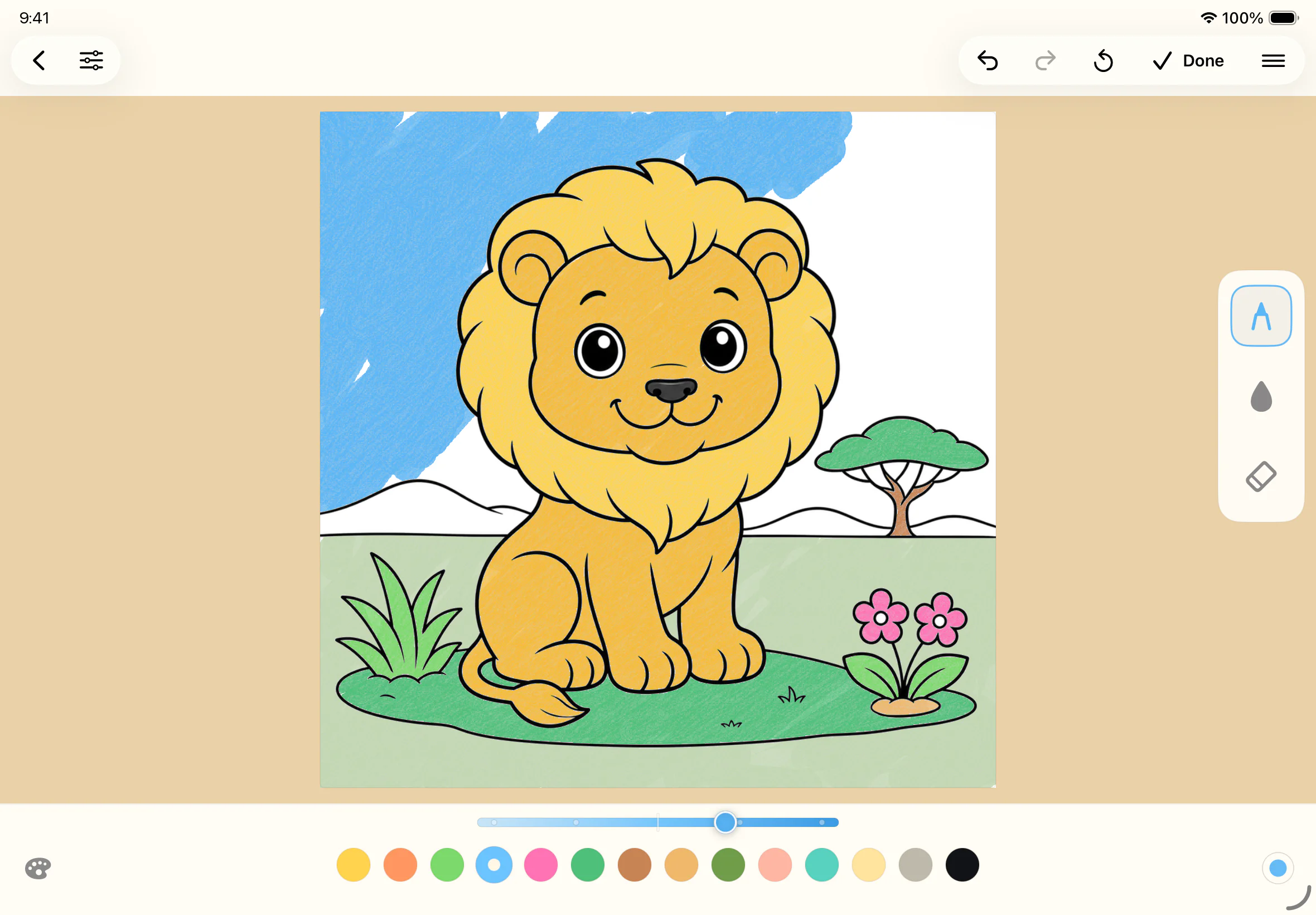 ColorPad coloring canvas with simple tools and a bright palette.