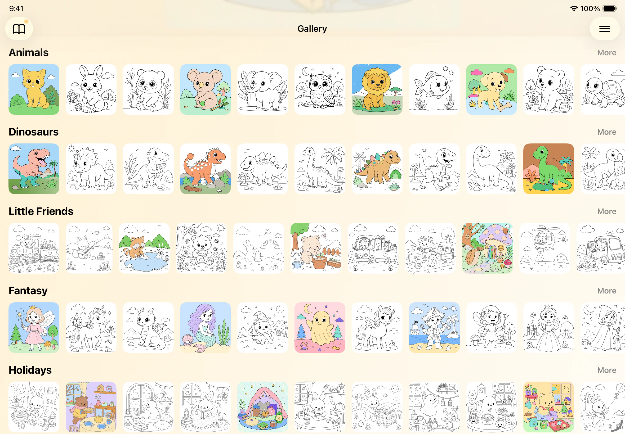 ColorPad gallery showing coloring pages across several categories.