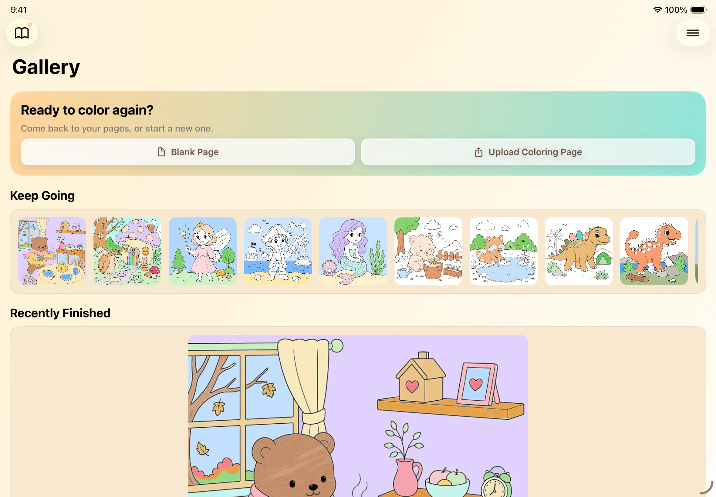 ColorPad gallery with coloring pages and a recently finished picture.